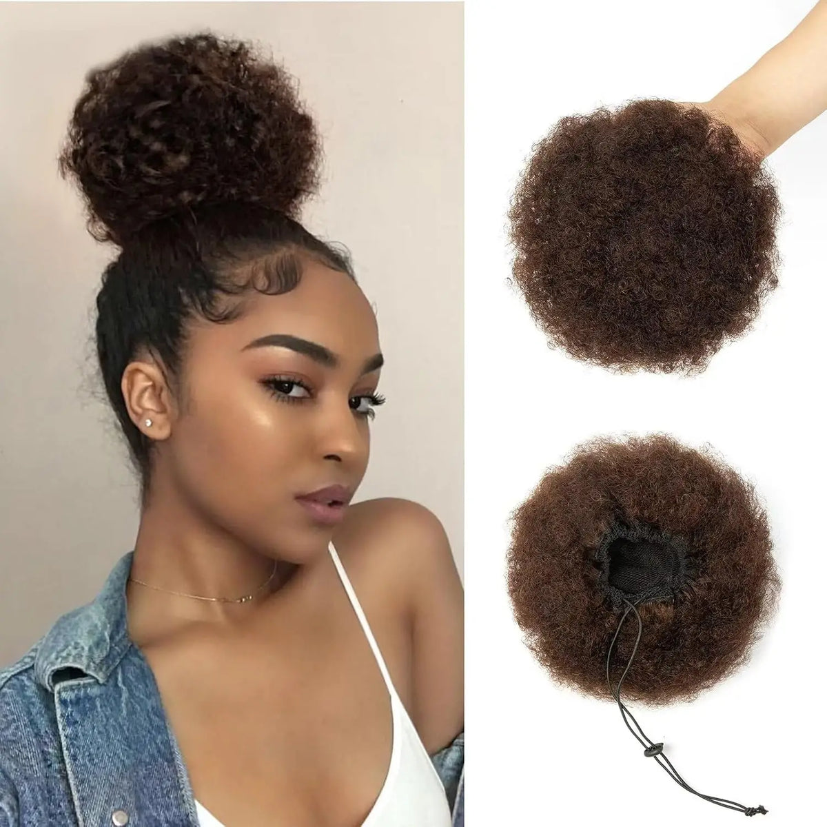 Afro kinky curly human hair chignon ponytail drawstring high bun hairpiece in 4, 6, and 8 inch lengths