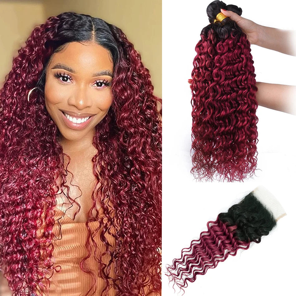 12A Ombre 1B 99J Brown Water Curly 3 Bundles With HD Lace Closure Colored Remy Malaysia Hair Wet And Wavy 3 Bundles With Closure