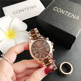 Contena Brand Luxury Women's Watch Fashion Rhinestones Stainless Steel Quartz Watch Simple Elegant Ladies Watch Reloj Mujer