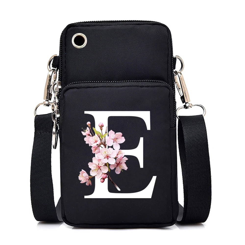 Fashion floral Sakura alphabet crossbody bag for women with letter graphics, small mobile phone purse, and messenger style handbag.