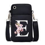 Fashion floral Sakura alphabet crossbody bag for women with letter graphics, small mobile phone purse, and messenger style handbag.