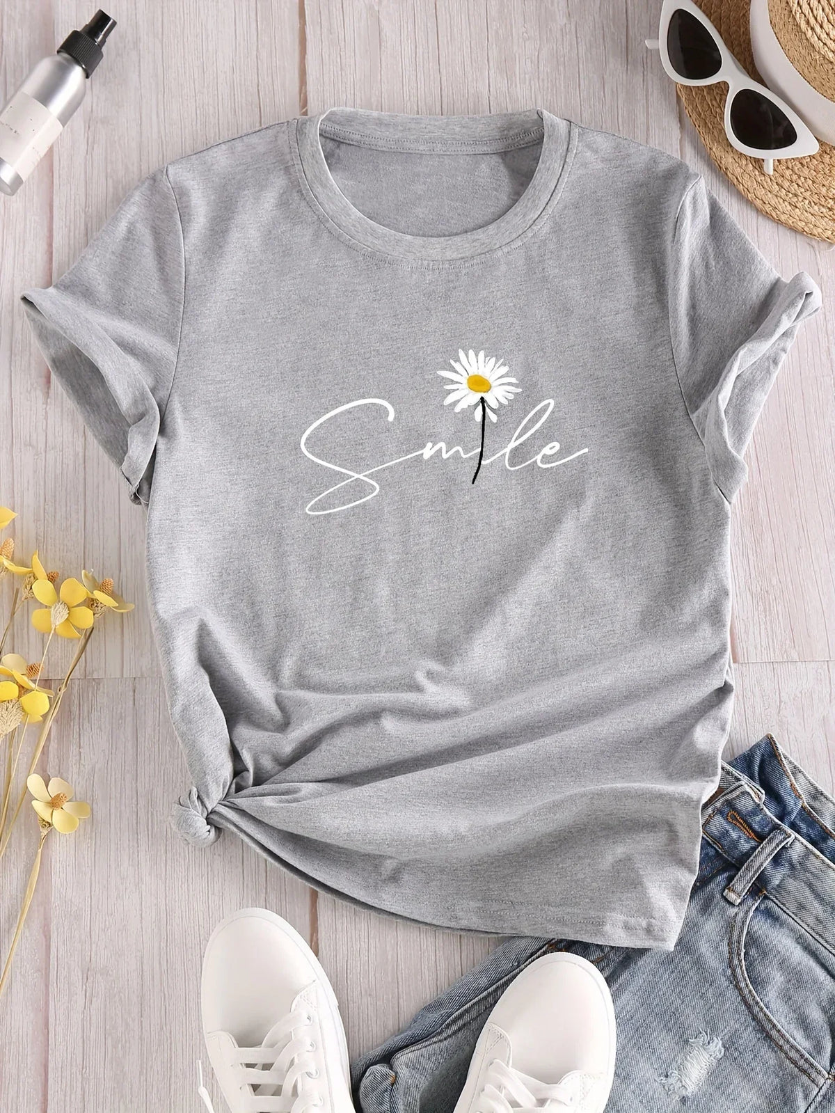 Women's casual short sleeve T-shirt with flower and letter print by HSF Marketplace