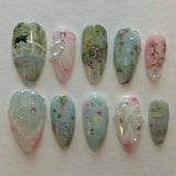 24-piece pink almond false nails with bowknots, love hearts and pearl design, Korean press-on nail tips