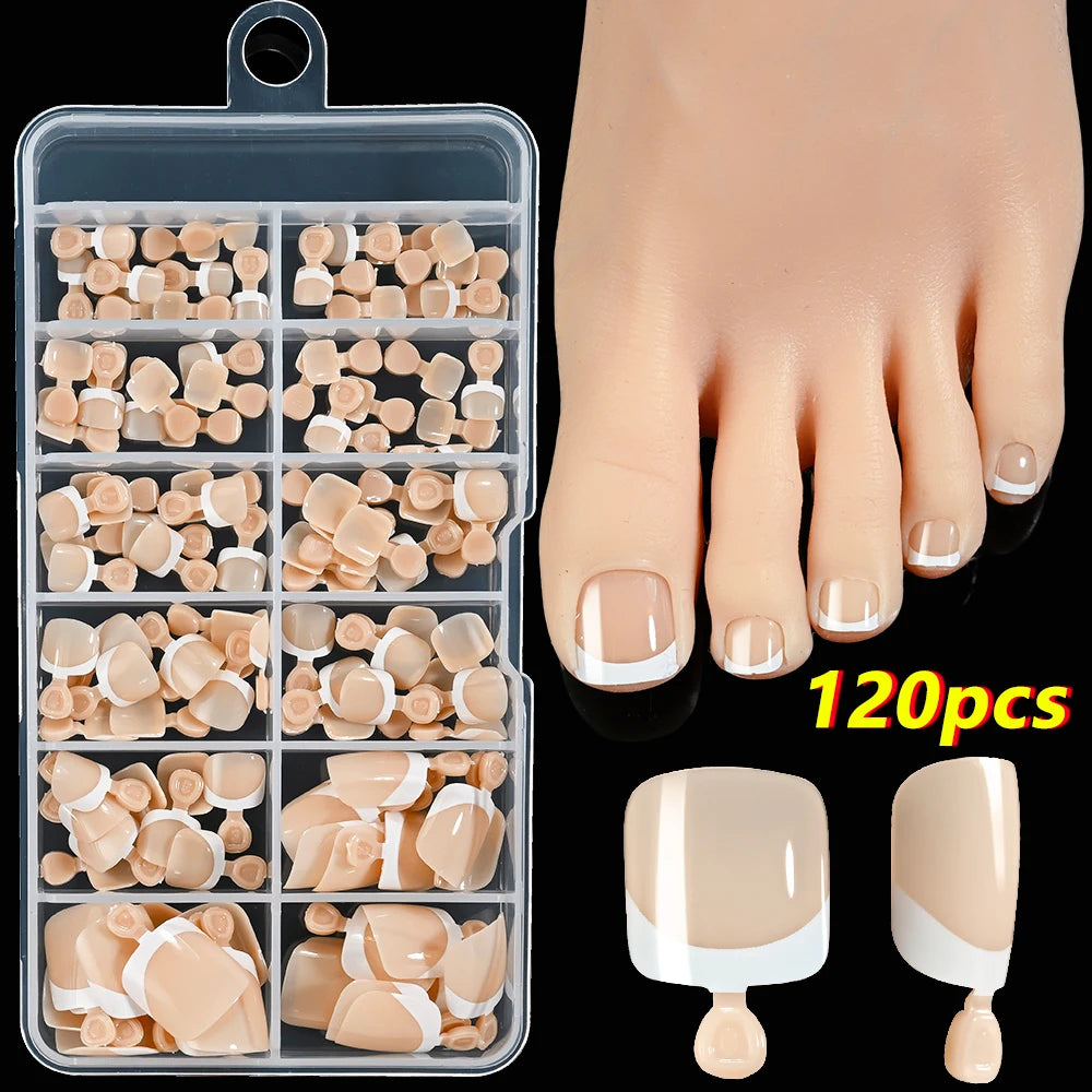 120-piece pink French tip press-on toenails, square short false nails with glossy finish by HSF Marketplace