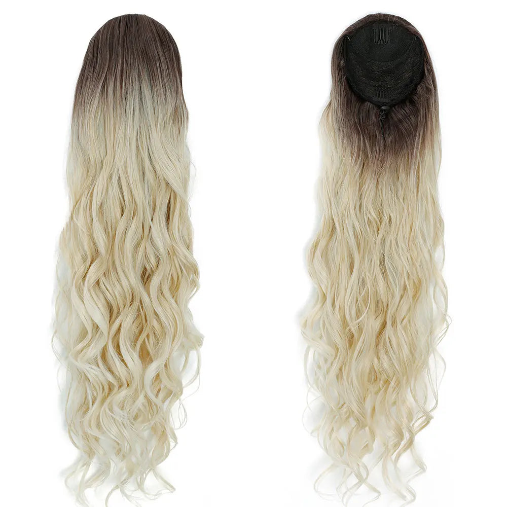 28-inch Ponytai 180g body wave drawstring ponytail with ombre brown and blonde highlights, heat-resistant synthetic hair