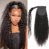 Kinky straight Brazilian Remy human hair wrap-around ponytail extension in natural color for women