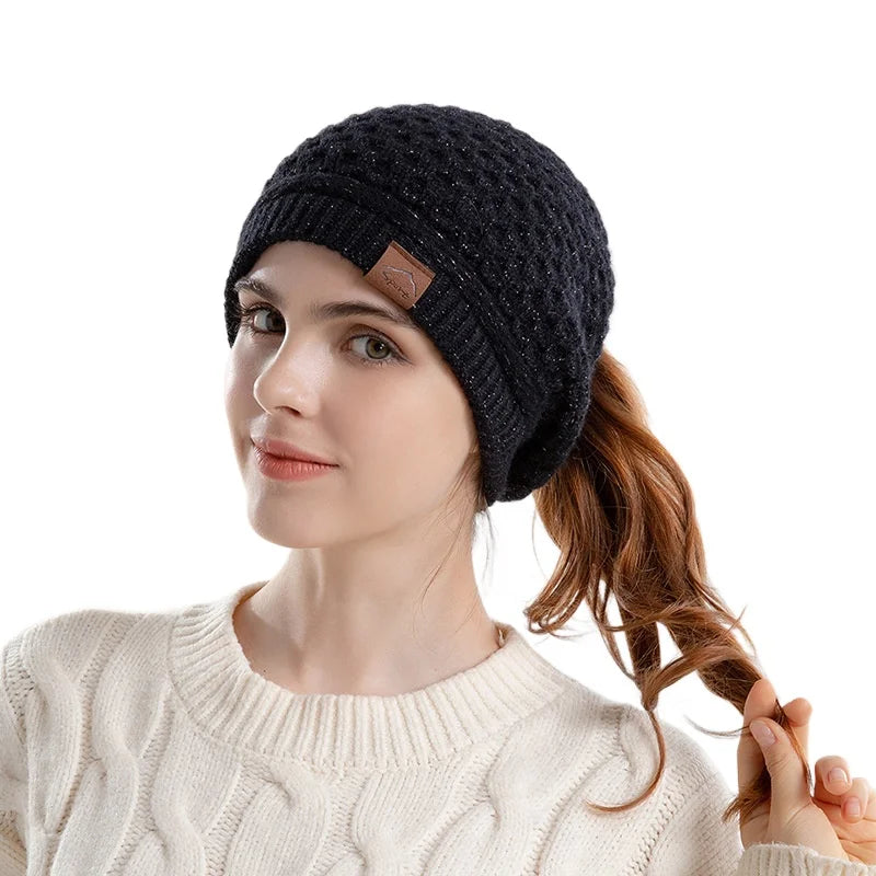 Women's fleece-lined beanie with ponytail hole and ear flaps, slouchy winter hat by HSF Marketplace