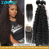Kinky Curly Hair Bundles 100% Human Hair Raw Hair Bundles With 4X4 Closure Burmese Curly Hair Bundles Human Hair With Closure 3/4PCS 12-32Inch Soft Thick No Shedding Unprocessed Virgin Human Hair Bundles With Closure Hair Wea