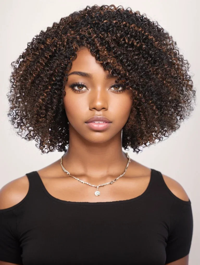 Short kinky curly Brazilian Remy human hair bob wig with bangs, highlighted, 200% density