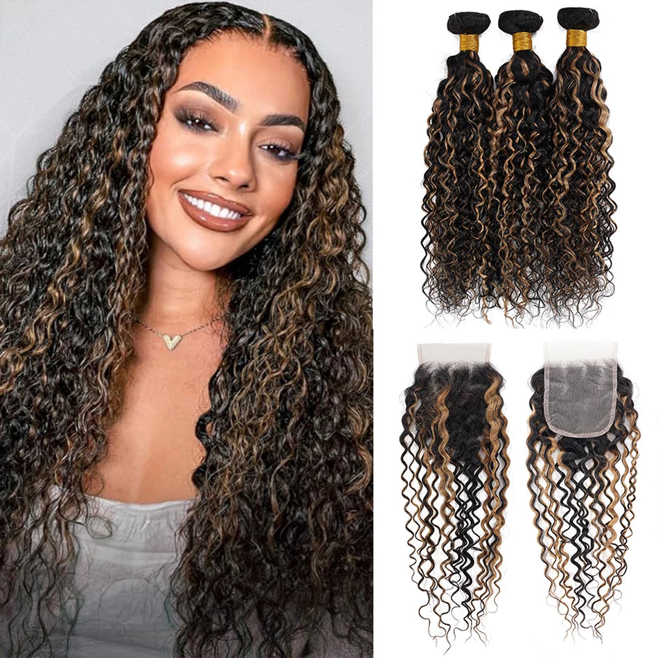 12A Ombre 1B 99J Brown Water Curly 3 Bundles With HD Lace Closure Colored Remy Malaysia Hair Wet And Wavy 3 Bundles With Closure