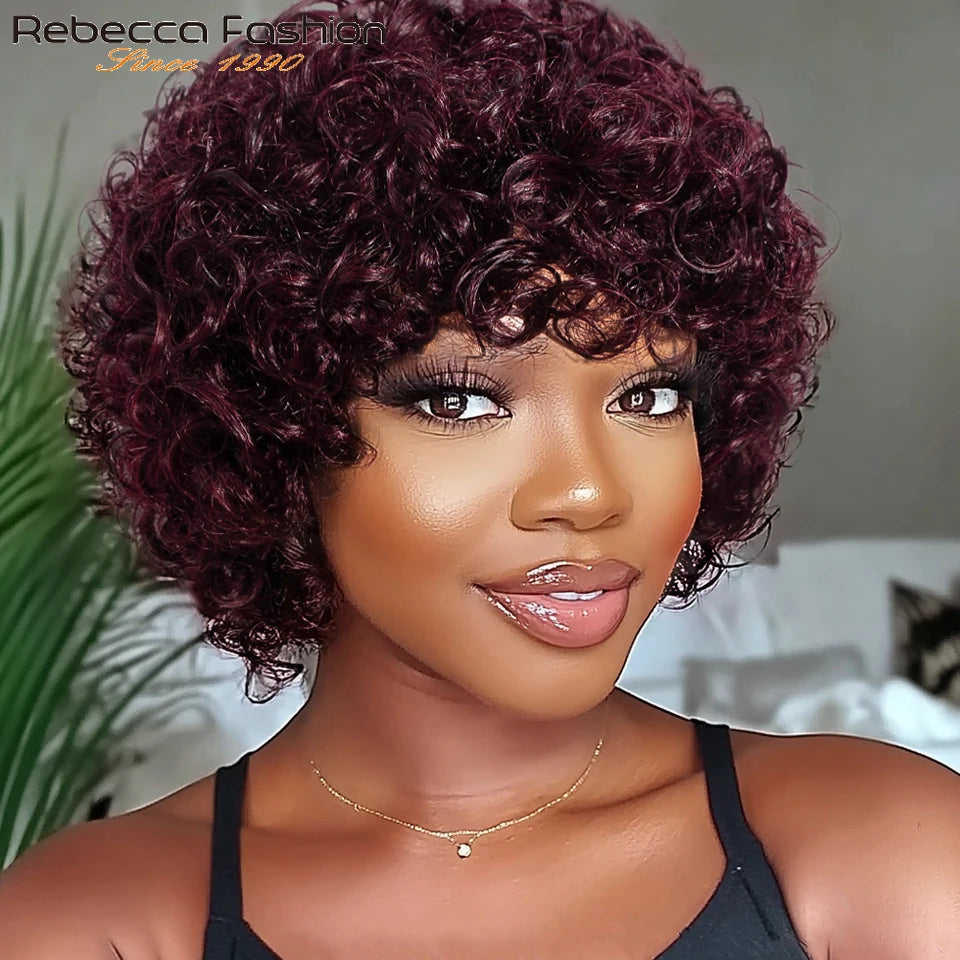 Rebecca short pixie afro kinky curly human hair wig with bangs, natural brown bob style by HSF Marketplace