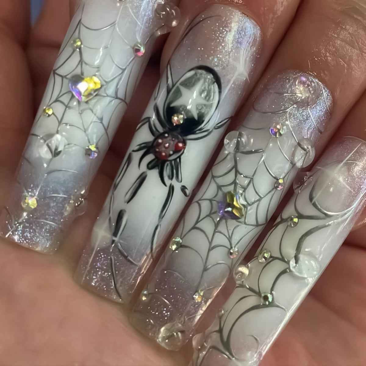 24-piece glitter pink press-on false nails with scary skull and love print, European ballet style