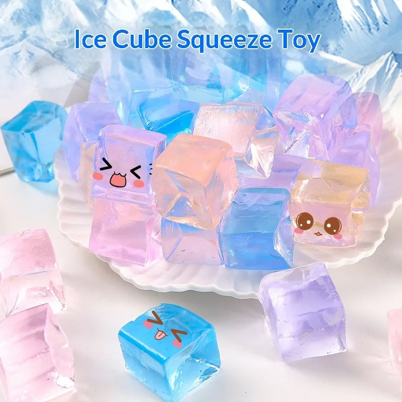 Transparent ice cube squishy sensory toy from HSF Marketplace with jelly TPR texture, stress relief fidget for teens and adults.