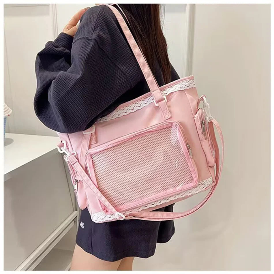 Cute Japanese Y2K Ita Bag by HSF Marketplace featuring a transparent large-capacity shoulder tote with Lolita style and crossbody design.