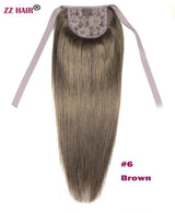 ZZHAIR Brazilian human hair ribbon ponytail extensions, 16–20 inch natural straight clip-in horsetail, 60g