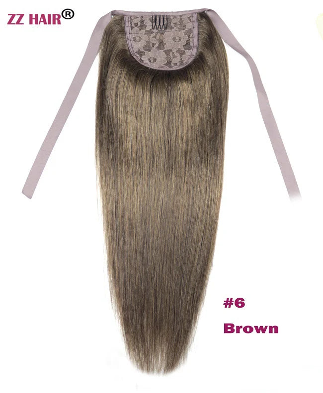 ZZHAIR Brazilian human hair ribbon ponytail extensions, 16–20 inch natural straight clip-in horsetail, 60g