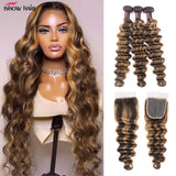 Ishow Highlight Loose Deep Wave Bundles With Closure 4x4 Lace Closure With Bundles 100% Remy Human Hair Extensions For Women