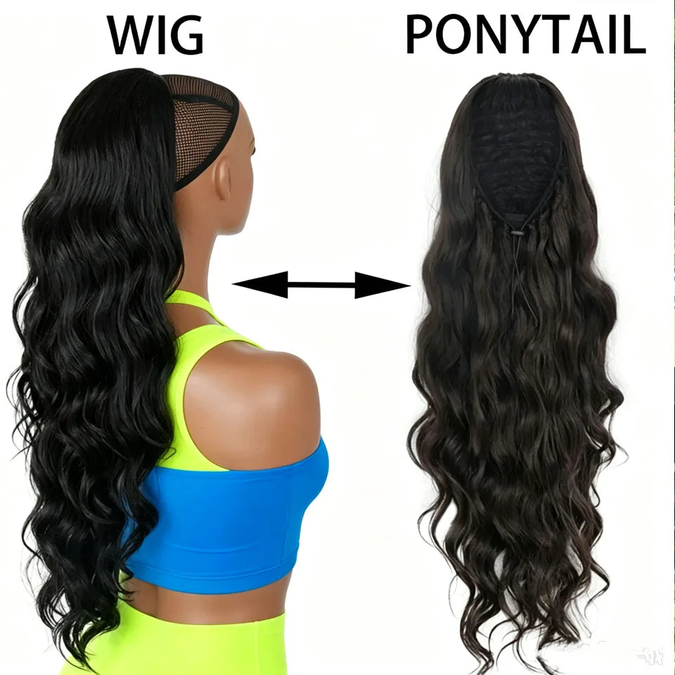 Body wave drawstring ponytail human hair extensions by HSF Marketplace, wrap-around clip-in style, 8–26 inches