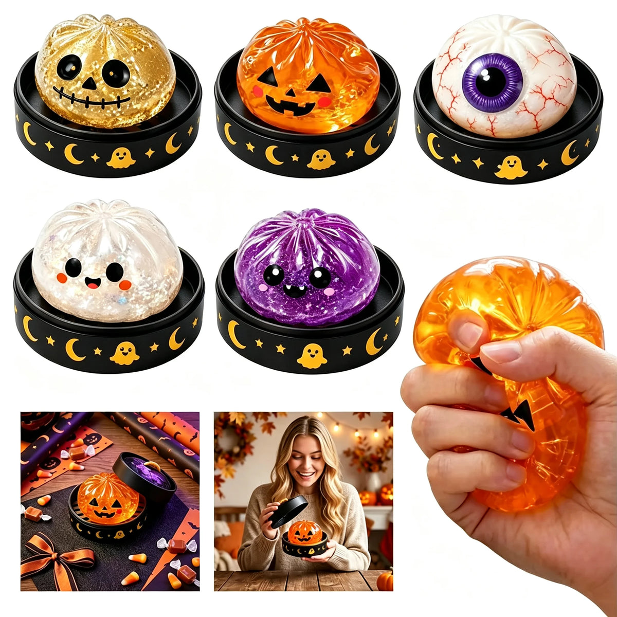 New Halloween Dumpling Squeeze Squishy Toy, Cute Slow Rising Squeeze Stress Relief Sensory Toy, Soft Kawaii Halloween Fidget Toy