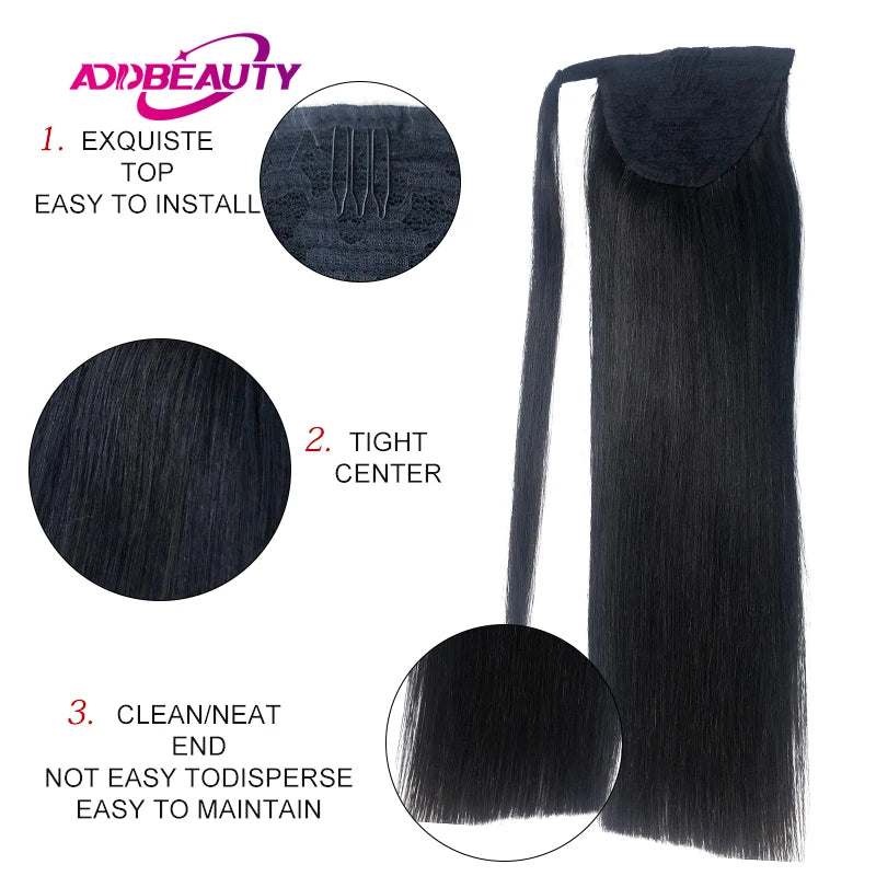 Straight human hair clip-in ponytail extension, 100g, with wrap-around tail for women