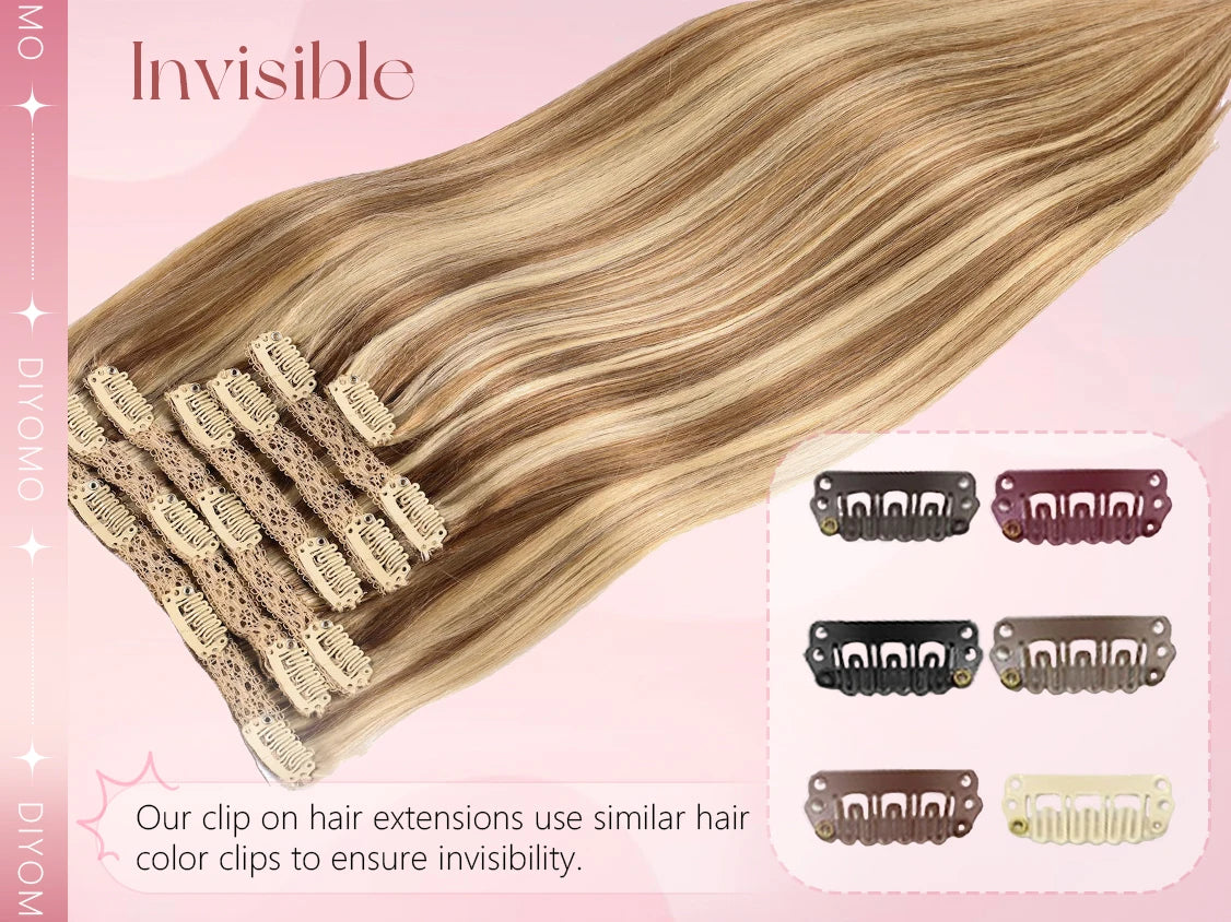 DIYOMO natural black straight PU clip-in hair extensions, 100% human hair with 7 seamless invisible wefts