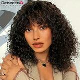 Short curly bob wig with bangs, made of 100% Brazilian Remy human hair, natural color, glueless daily wear, by HSF Marketplace.