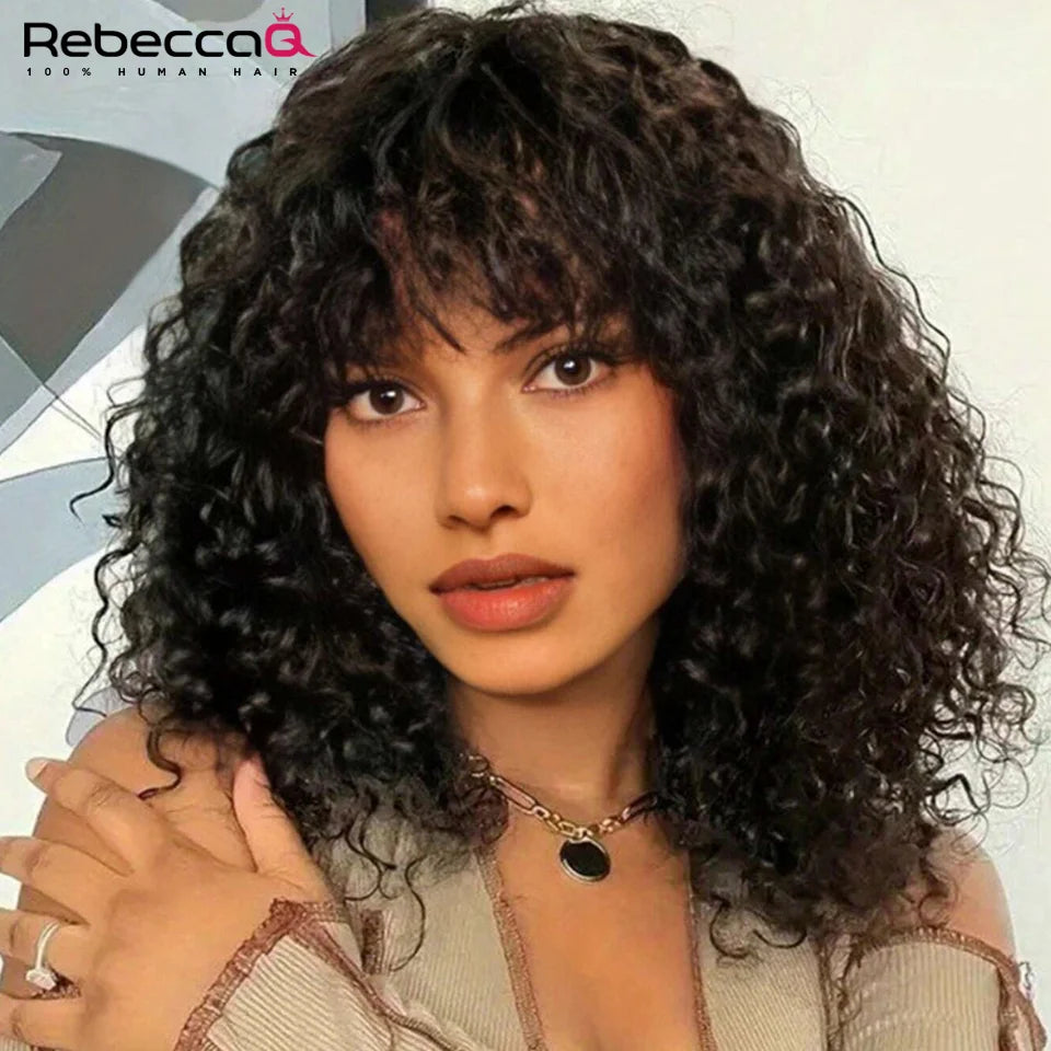 Short curly bob wig with bangs, made of 100% Brazilian Remy human hair, natural color, glueless daily wear, by HSF Marketplace.