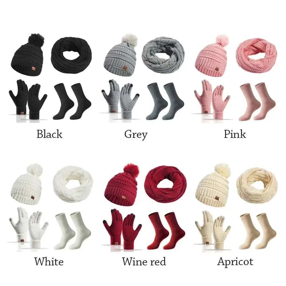 Women's winter hat, scarf, and gloves set with faux fur ball by HSF Marketplace