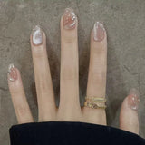 24-piece cute girly short square false nails with white French tips, glitter stars, rhinestones, cat eye, and bows