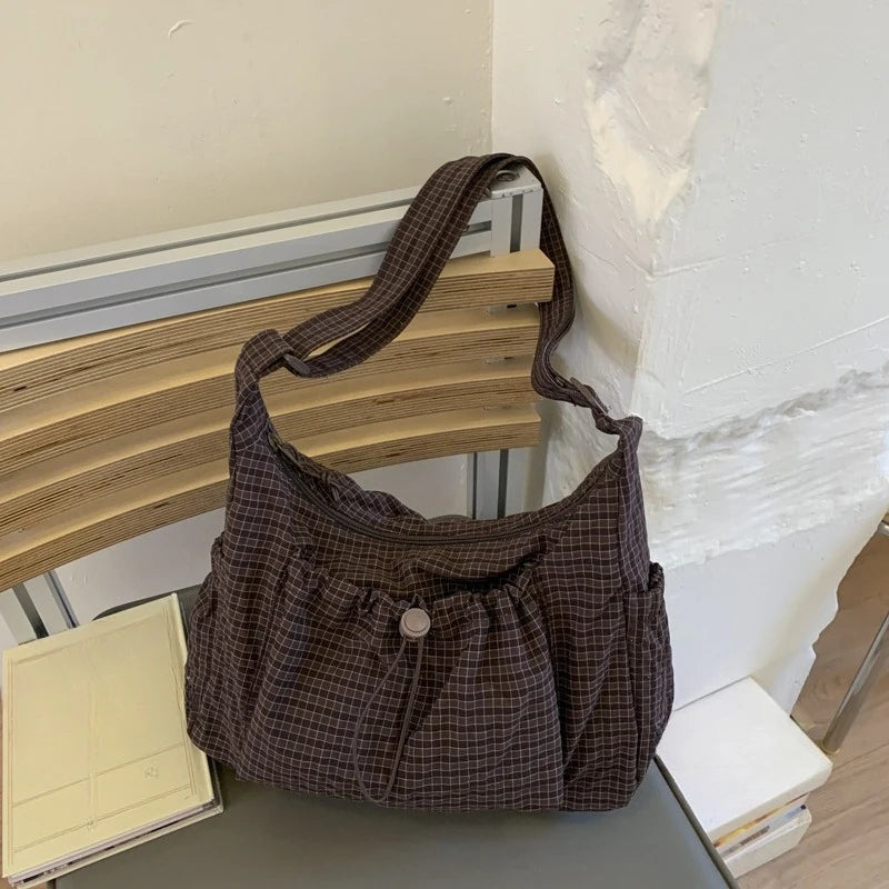 Women’s checkered nylon sling bag by HSF Marketplace, large capacity crossbody satchel with drawstring, trendy shopping and date handbag