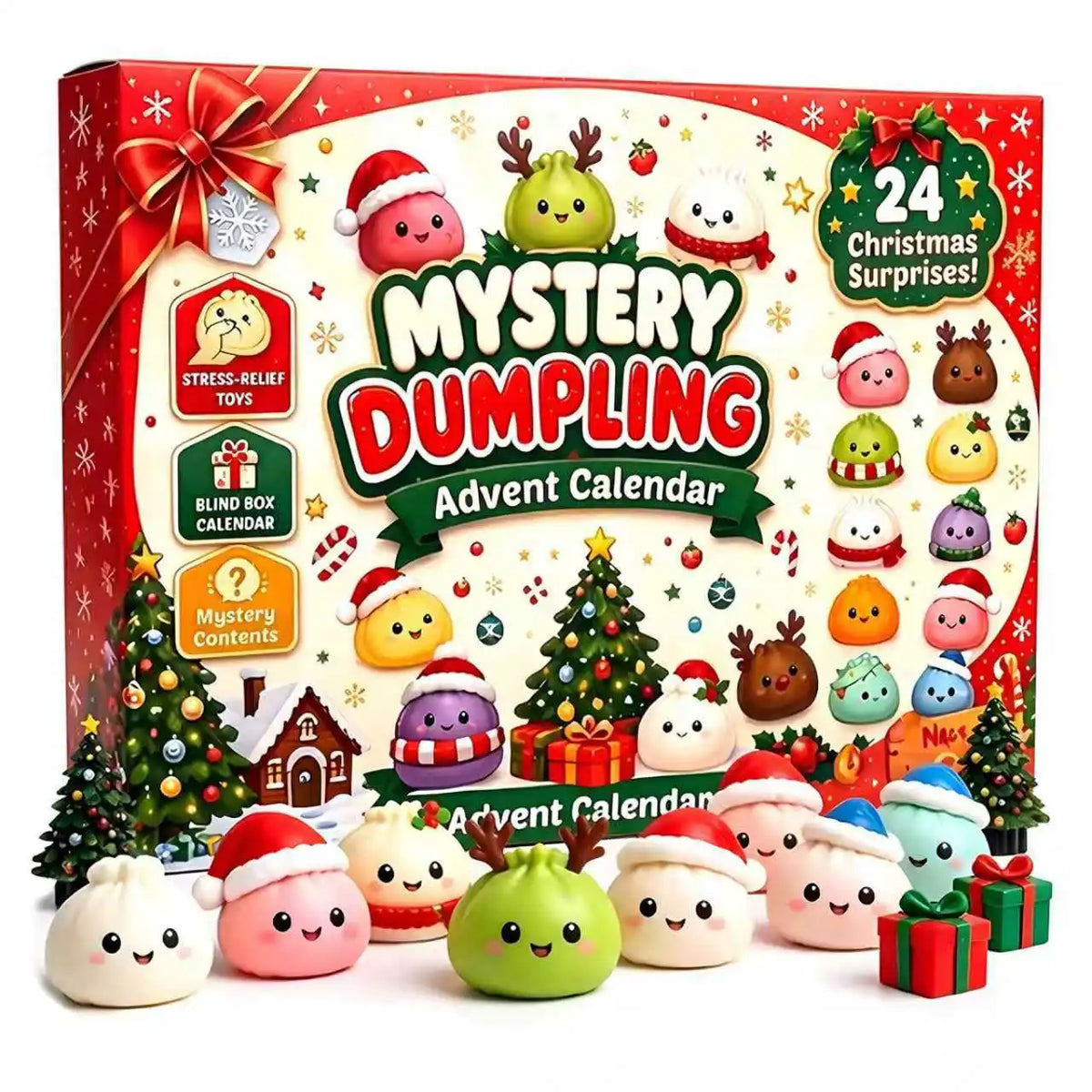 2026 Christmas advent calendar with 24 dumpling squishy fidget sensory toys in a mystery gift box