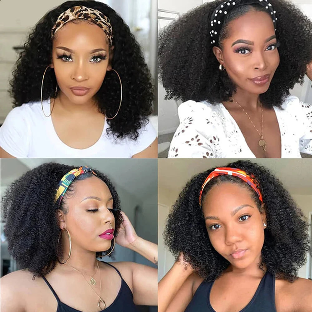 Afro kinky curly Brazilian human hair headband wig, 200% density, glueless afro curl style for women