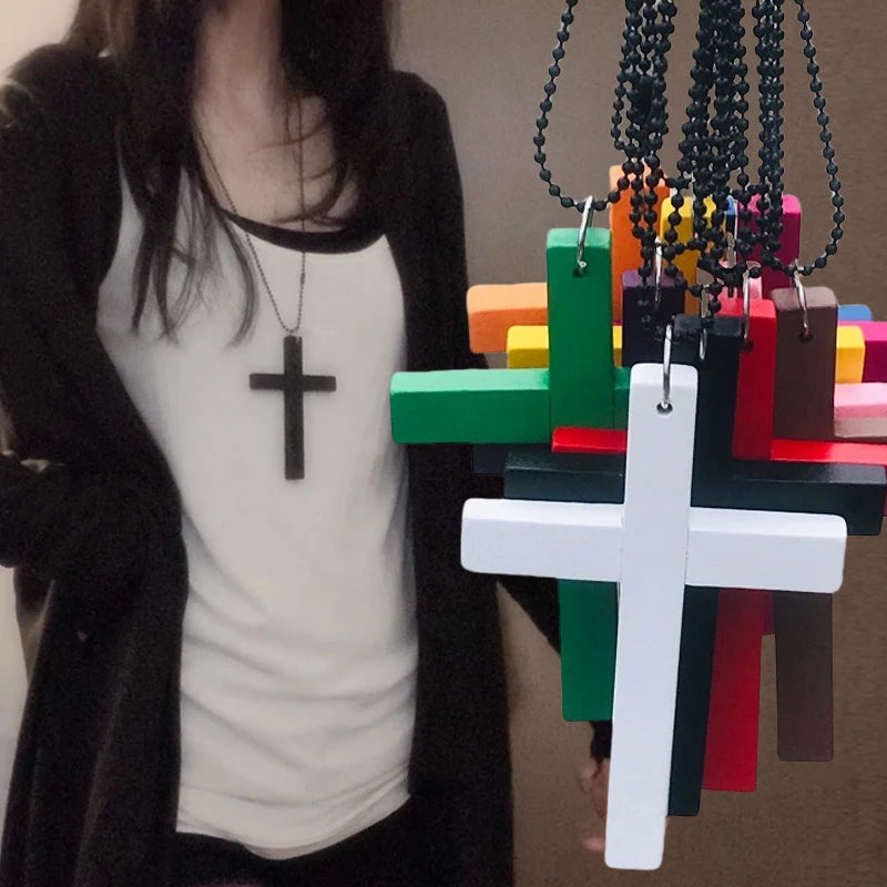 Black gothic wood cross pendant necklace for women, featuring a punk Y2K style choker with red, white, and black accents.