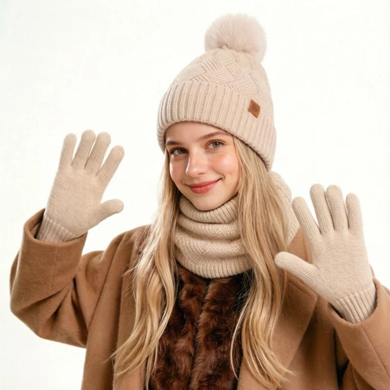 Warm woolen hat, scarf, and gloves set for women by HSF Marketplace in coordinated winter knit design