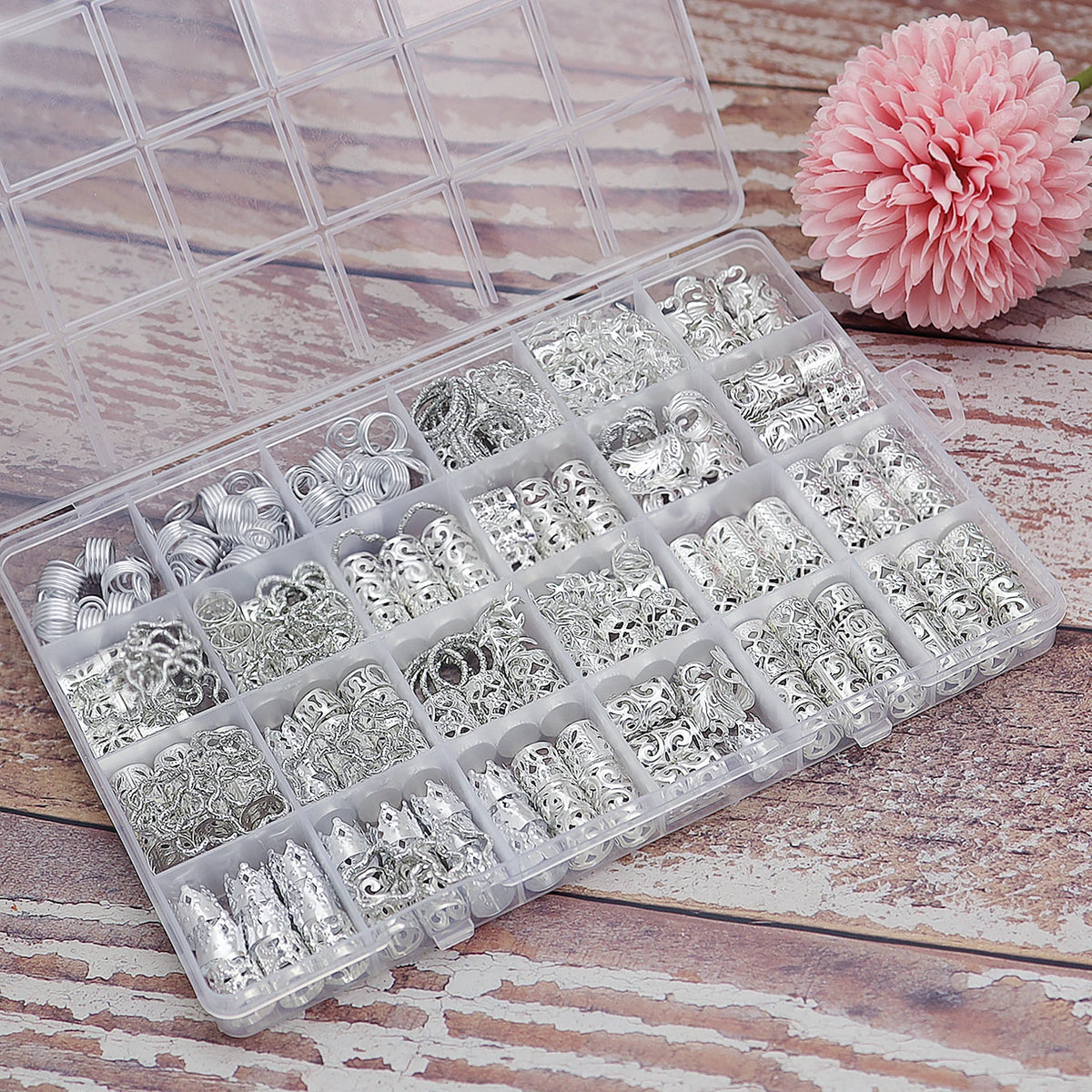 260Pcs/box Gold Silver Hair Beads Jewelry Braid Accessories Hair Clips Dreadlocks Braiding Braid Cuffs Metal Hair Rings Charms
