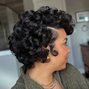 (Morrigan) Short Curly Pixie Human Hair Wig, 13x4x1 T-Part Lace Front, Layered Glueless Style