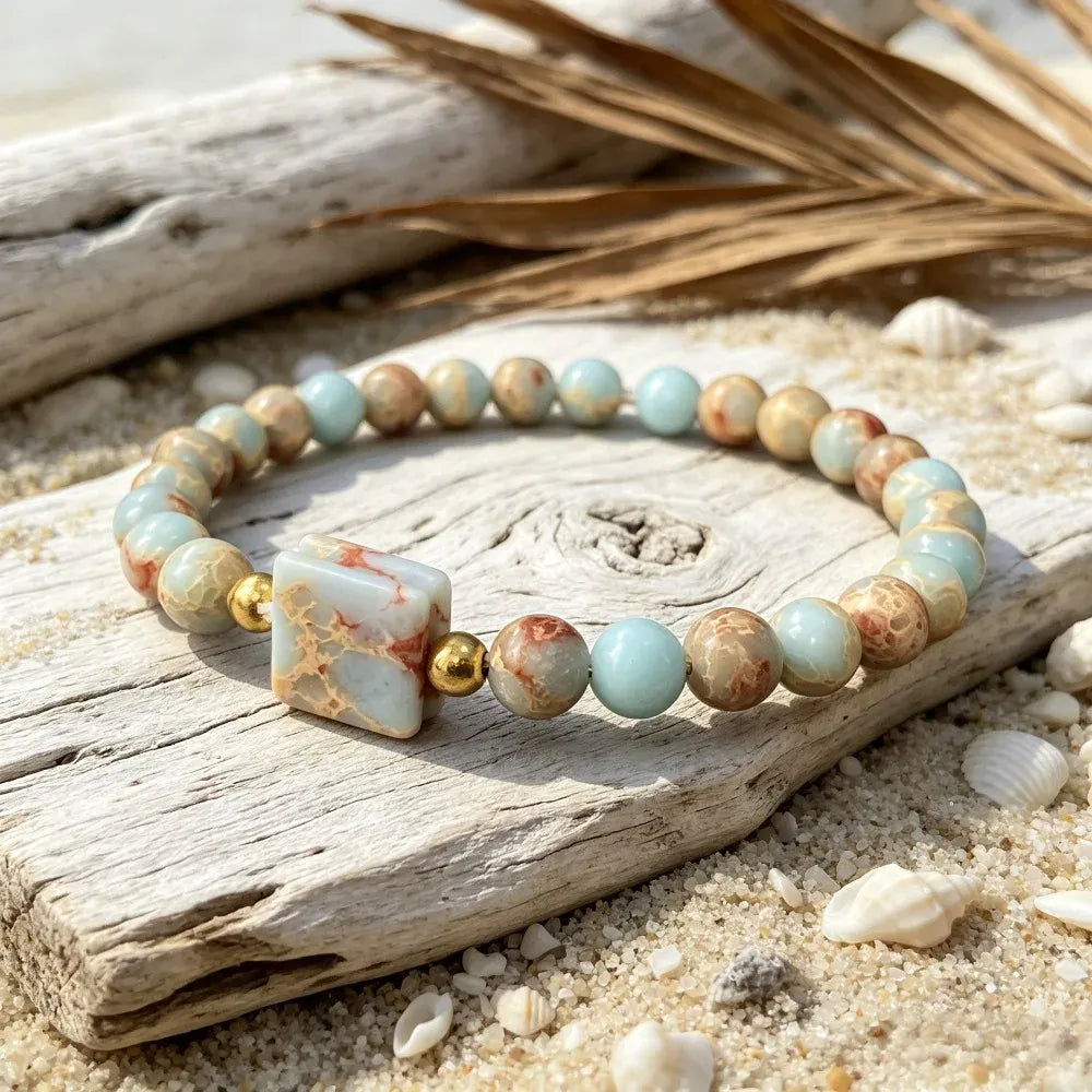 Boho Natural Shoushan Stone Beaded Bracelet Women Square Flat Stone Charm Elastic Wristband Fashion Holiday Party Jewelry Gift