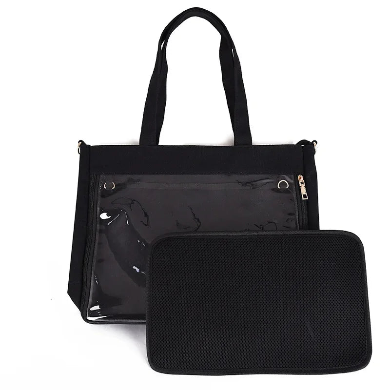 Black Big Ita Bag with clear insert, Japanese Kawaii style, double straps, transparent shoulder purse for women and girls.