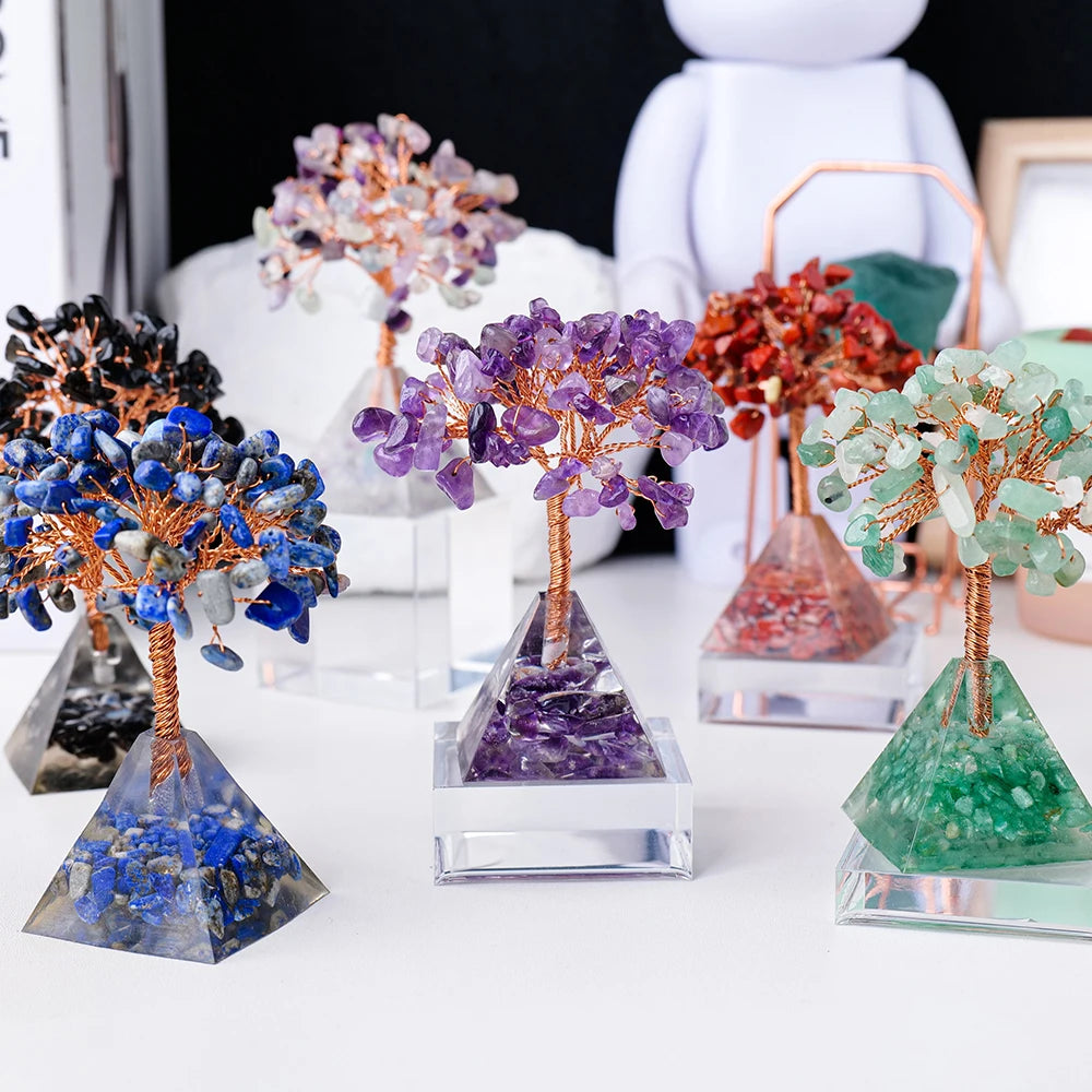 1pc Natural Crystal Tree Ornament Resin Pyramid Base Crystal Crushed Stone Fortune Tree Home Office Decoration Holiday Gift