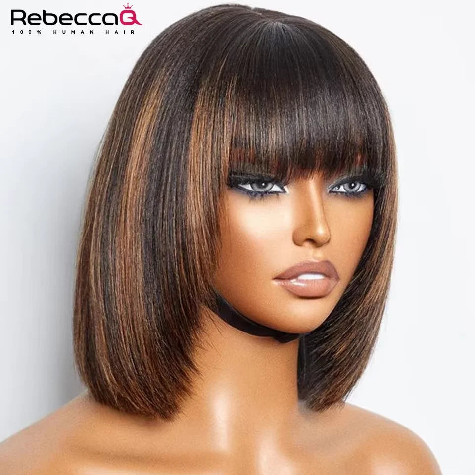 Highlighted short bob wig with bangs, straight Brazilian Remy human hair, lace front, glueless design for women.