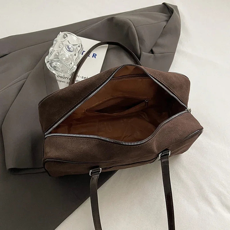 Large brown suede shoulder bag for women, casual retro handbag with pillow design, ideal for autumn and winter commuting.