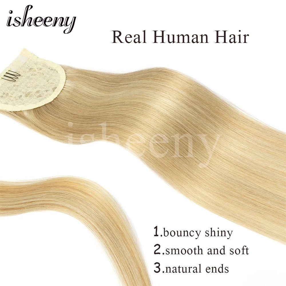 Isheeny straight human hair ponytail extension, 14–24 inch Brazilian Remy wrap clip-in style