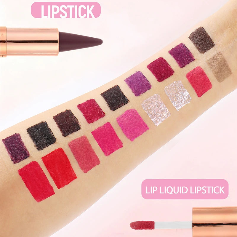 Red and black waterproof lipstick and lipliner set with double-ended tapered contour pencil, purple rose accents, and matte finish.