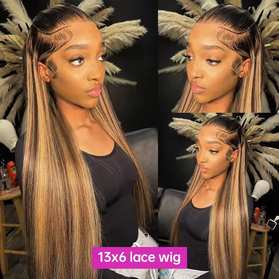 Bone straight honey blonde ombre 13x6 HD lace frontal wig with 13x4 lace, human hair, highlighting, from HSF Marketplace.