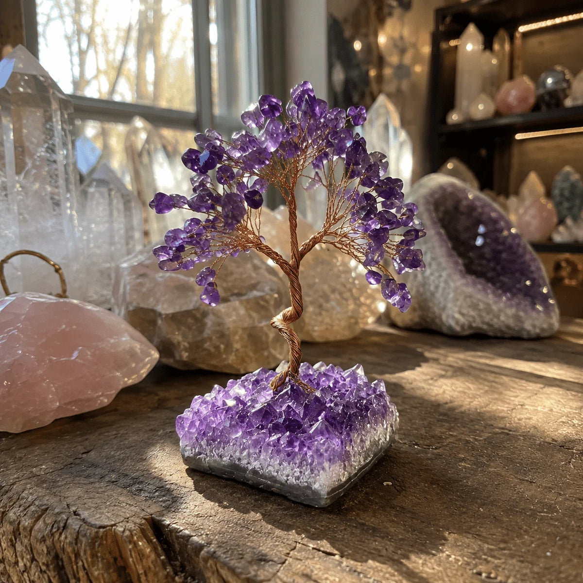 Random natural amethyst cluster tree handmade crystal sculpture, suitable for desktop decoration, office ornaments, unique gifts