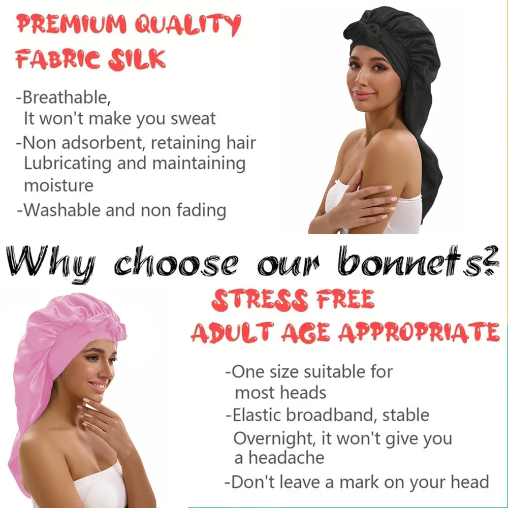 3-piece satin long bonnet set with wide brim and bow tie for everyday hair styling by HSF Marketplace