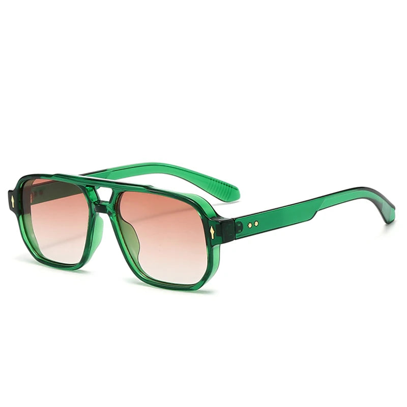 Vintage double bridges men square sunglasses with clear ocean lenses, trendy rivets, UV400 protection, suitable for women.