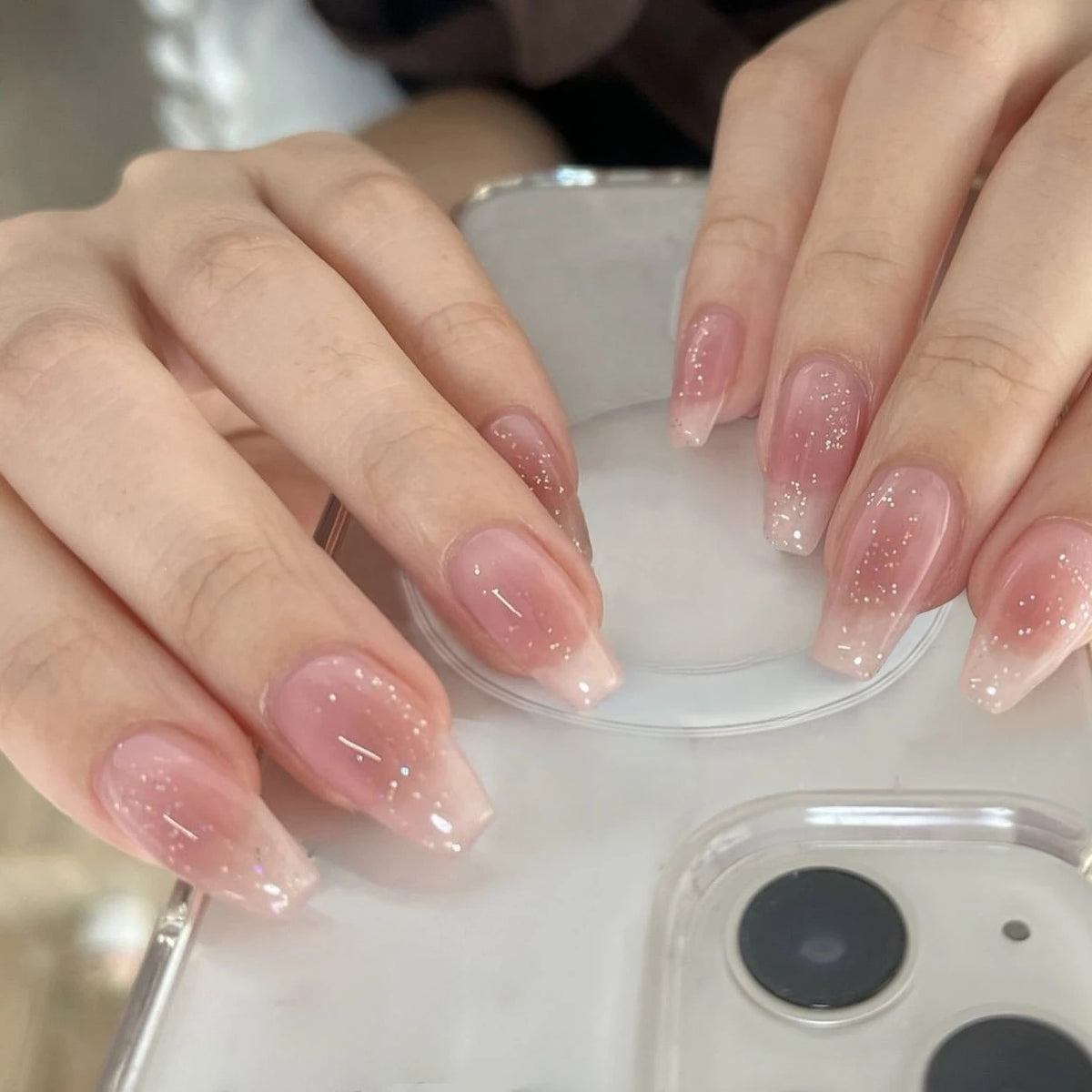 24-piece blush pink glitter diamond cat eye coffin press-on false nails, short square full-cover tips