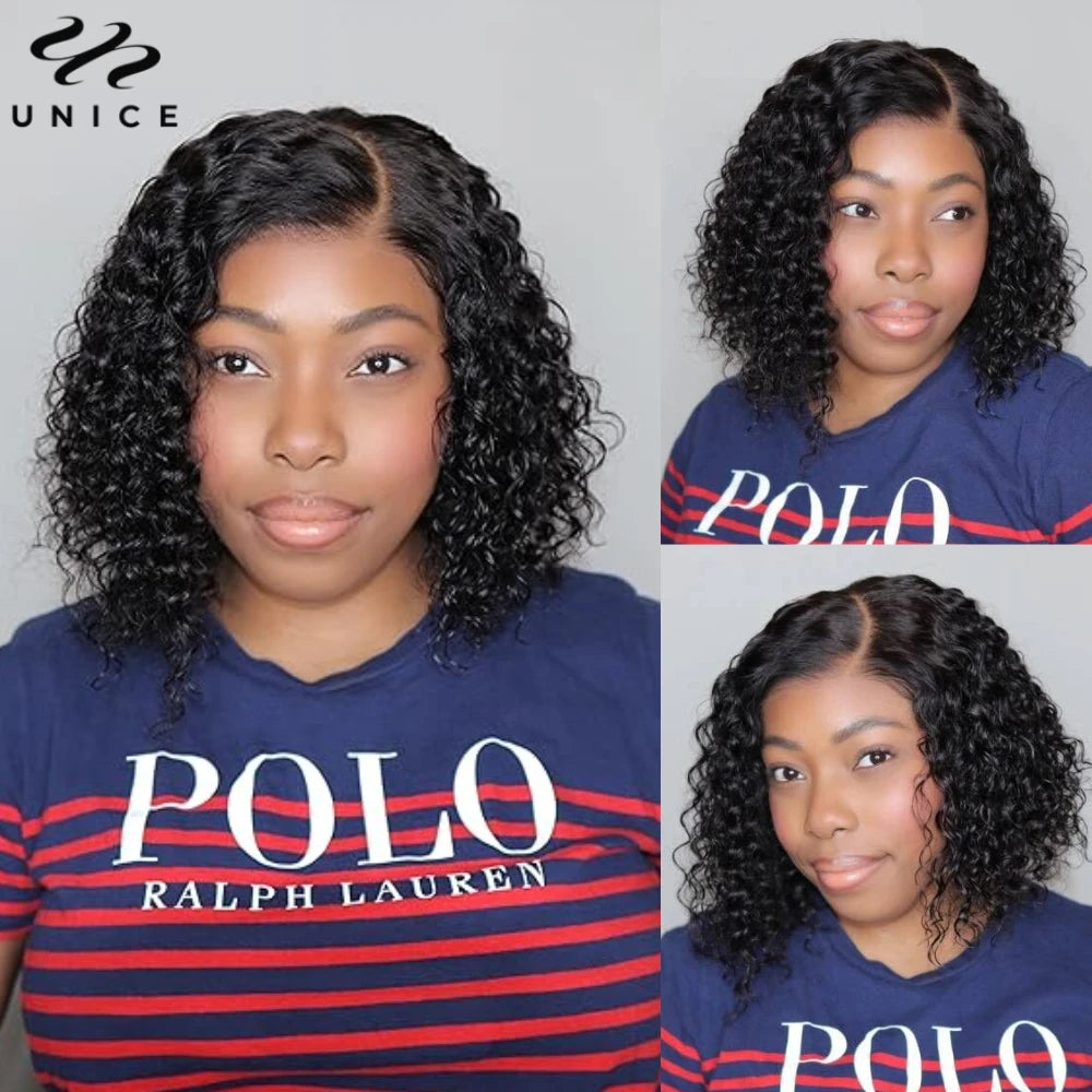 Short curly bob human hair wig with pre-plucked lace closure in natural black; HSF Marketplace wig close-up