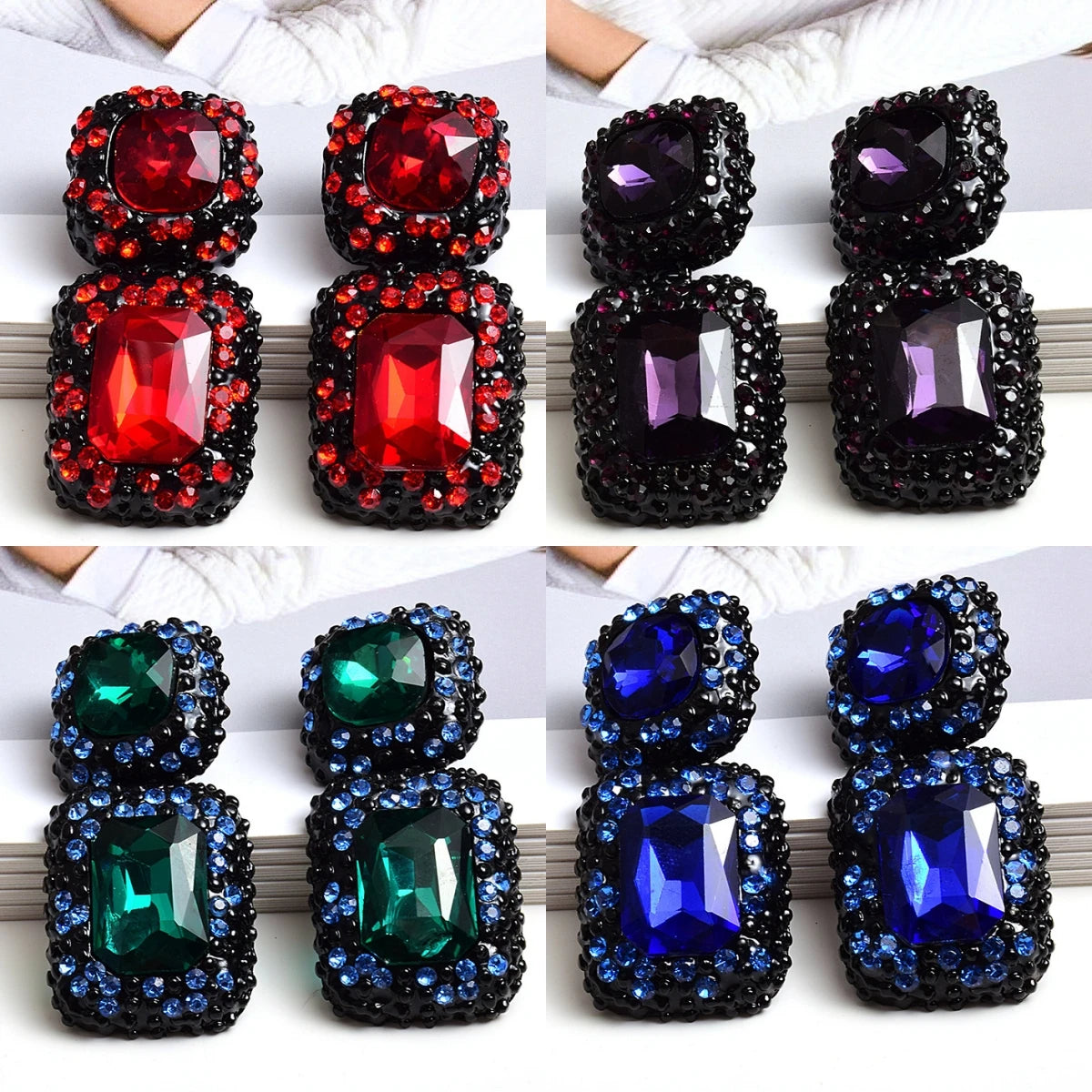 Vintage Costume Jewelry Party Accessories Gunblack Chunky Gray Black Crystal Rhinestone Square Statement Earrings for Women